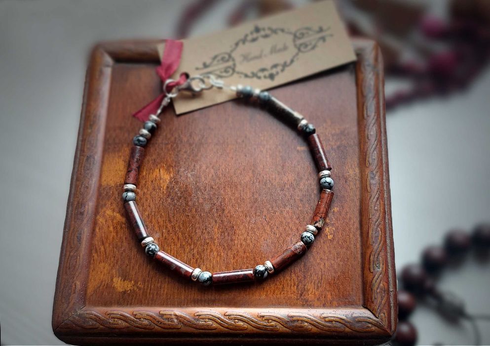 Jaspis mahoniowy i Obsydian śnieżny Bransoletka męska