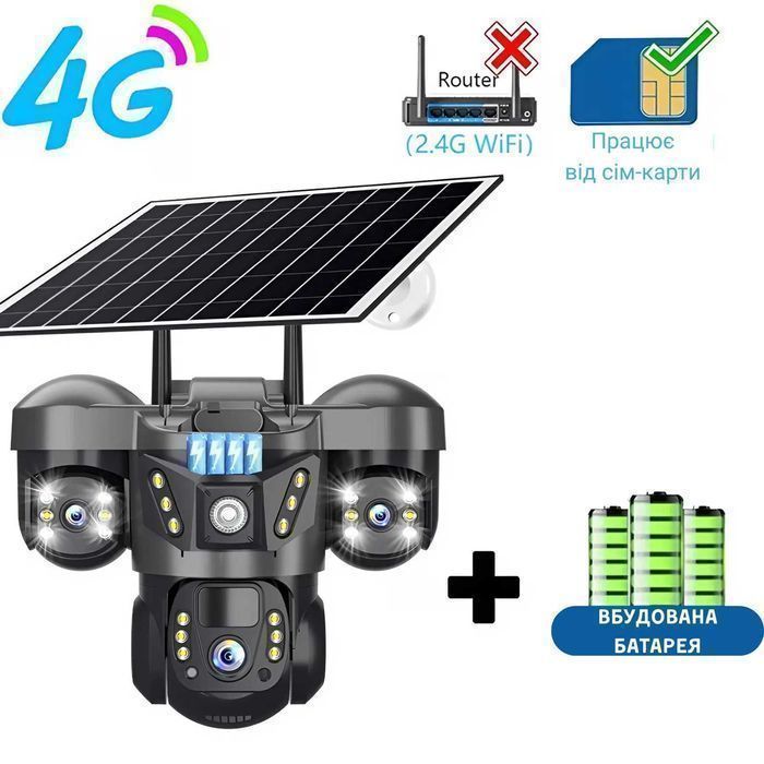 Потрійная автономна 4G камера відеонагляду 15MP з сонячною панелю TP30