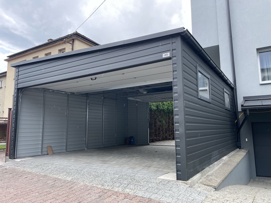 Garaż blaszany 5.5x6, brama segmentowa, profil zamknięty ocynkowany.