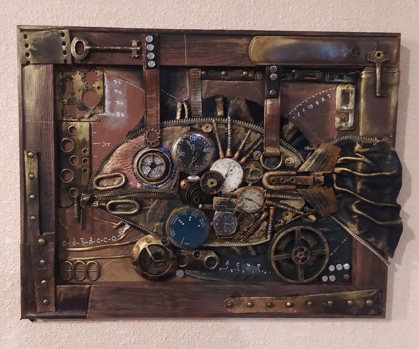 Три картини в стилі стімпанк об'ємні ексклюзив подарунок  метал+шкіра