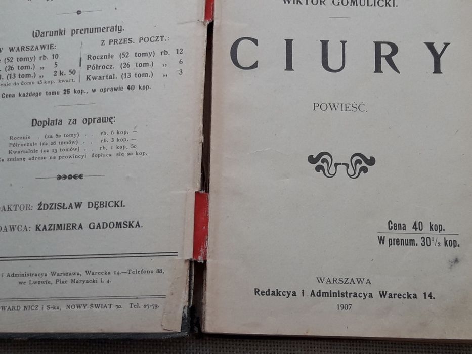 "CIURY" tom 1 + 2 Wiktor Gomulicki 1907 Warszawa Biblioteka Dzieł Wyb.