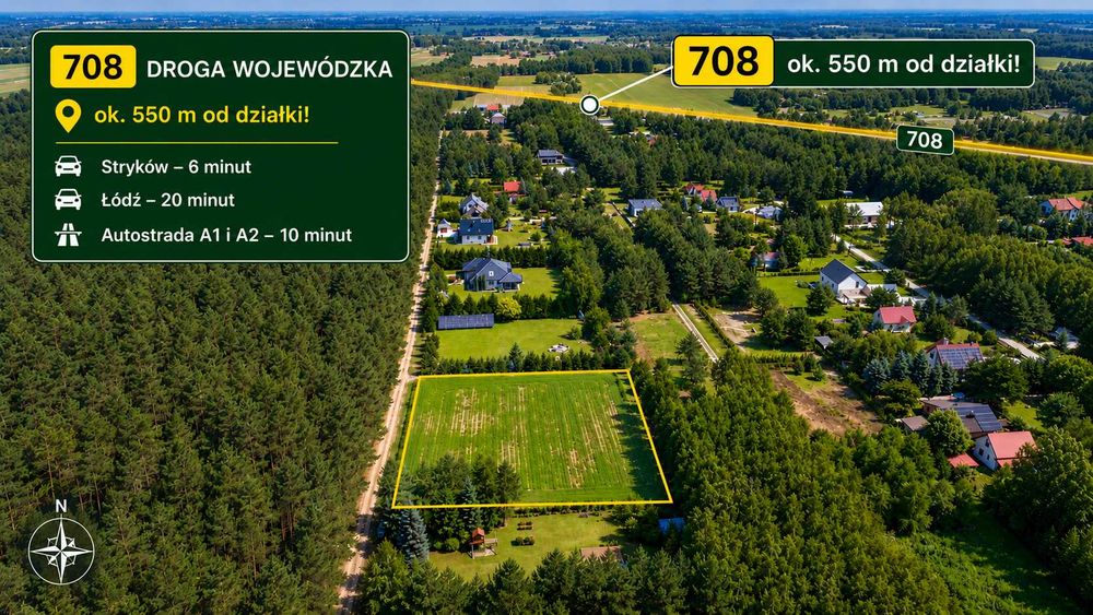Działka budowlana 3000 m² przy lesie - Anielin Swędowski, gm. Stryków