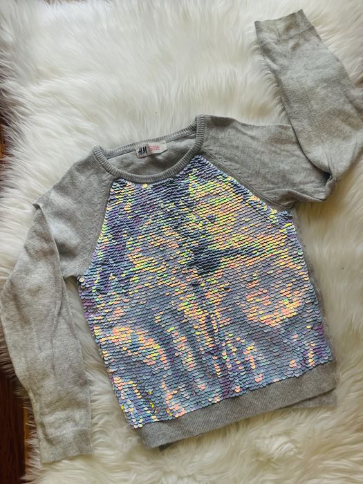Sweter H&M HM cekiny szary rozm. 110/116 y.4-6