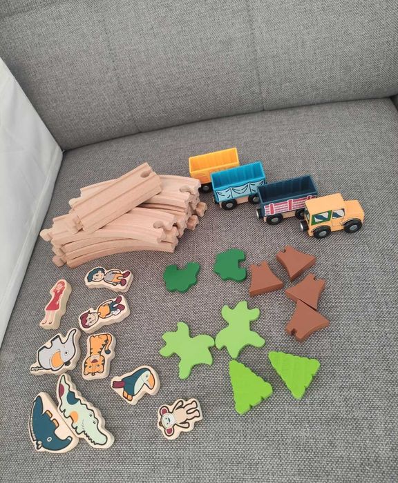 Zabawki drewniane zestaw pociąg kręgle warzywa liczydło