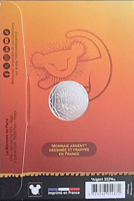 FRANÇA - 10€ moeda Rei Leão Prata