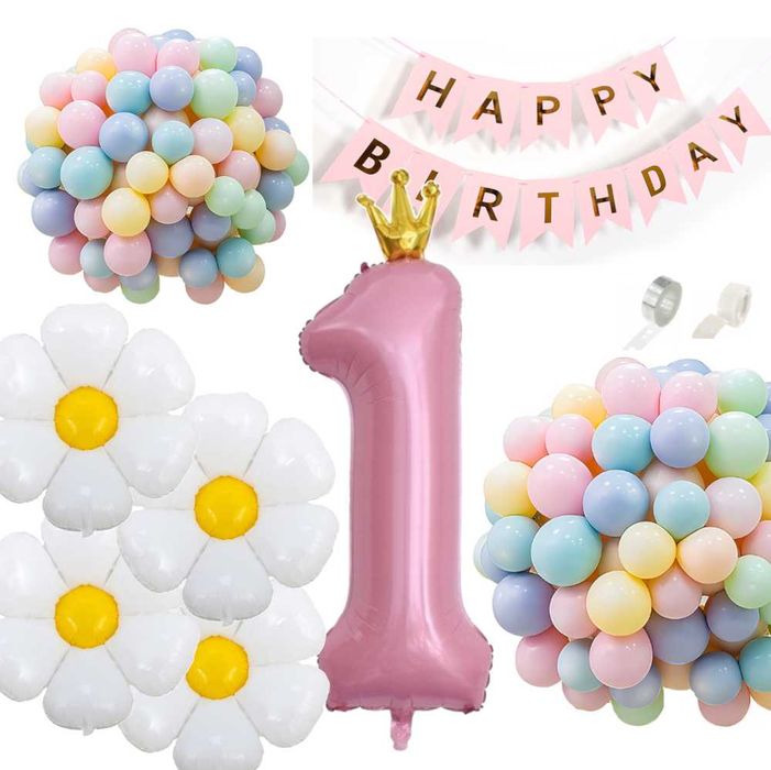 Balony ROCZEK różowe GIRLANDA ZESTAW 158 szt. Cyfra 1 różowa