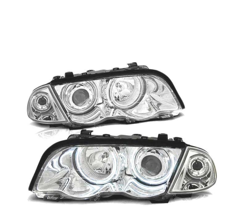 FARÓIS BMW E46 98-01 ANGEL EYES CCFL CROMADOS
