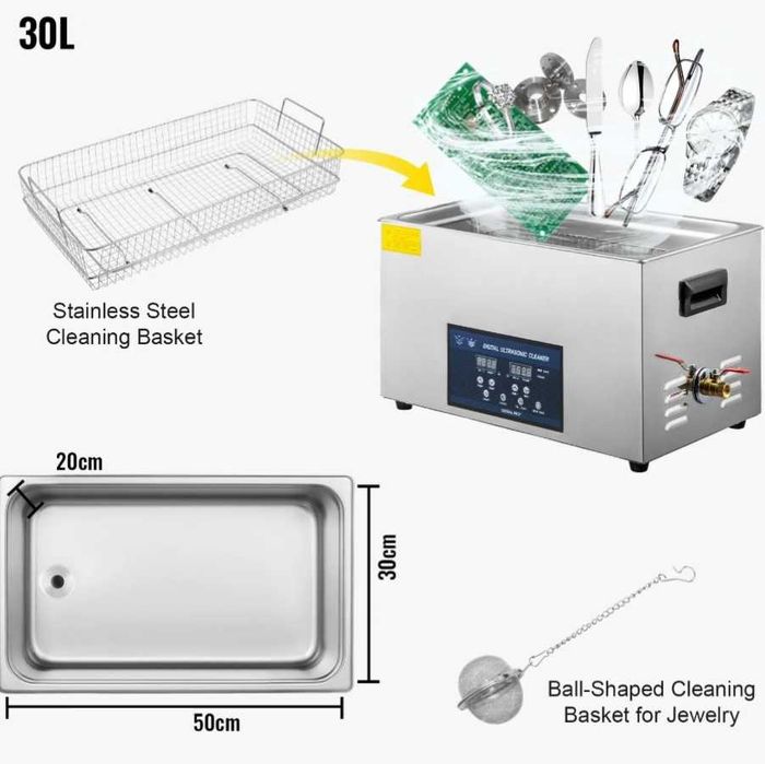 Limpador ultrassônico 30L com aquecedor para limpeza de joias, peças, óculos, dentaduras, discos de vinil e placas de circuito impresso  ultrassonica