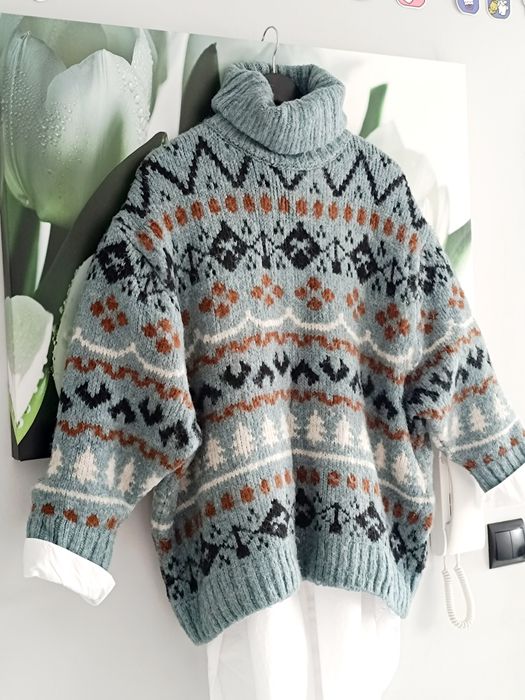 Cudny Damski Sweter Z Golfem Blue Chunky Jacquard Fair Isle Roll Neck ZARA rozmiar S