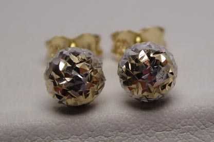 Złote kolczyki diamentowane kulki dwa kolory.