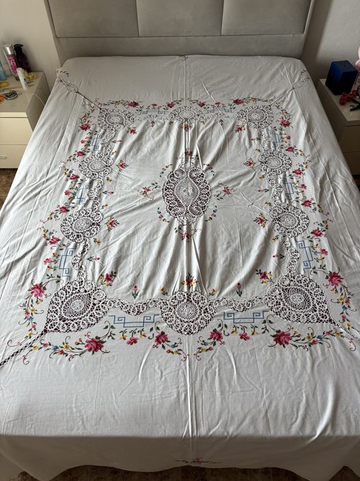 Colcha de cama de casal 220 5 × 260 com ponto cruz e croché