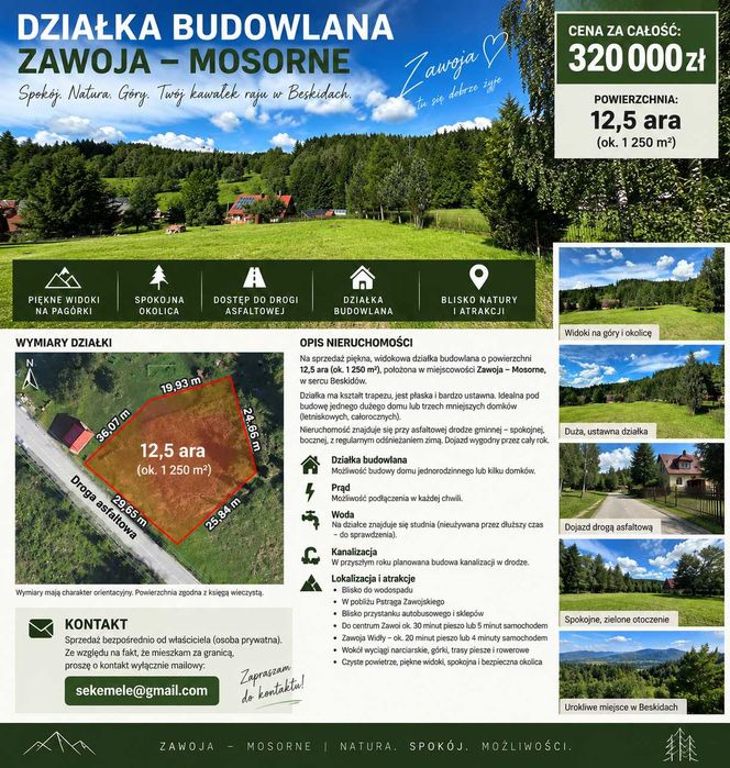 Piękna działka budowlana 12,5 ara – Zawoja Mosorne, spokojna okolica, piękne widoki!