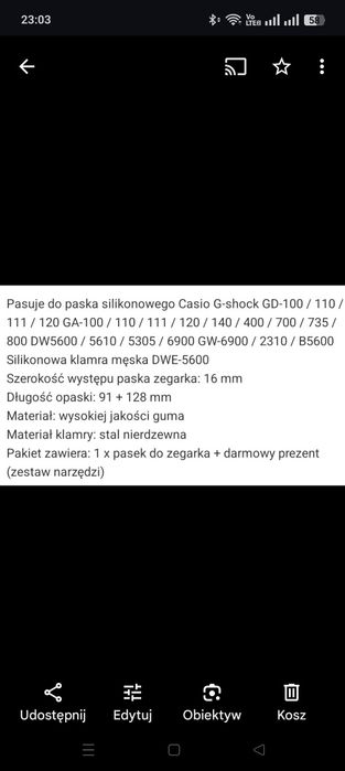 Pasek do Casio G- shock - zamiennik