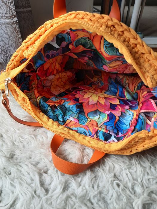 Torebka koszyk handmade melon pomarańczowa skóra pasek kłos