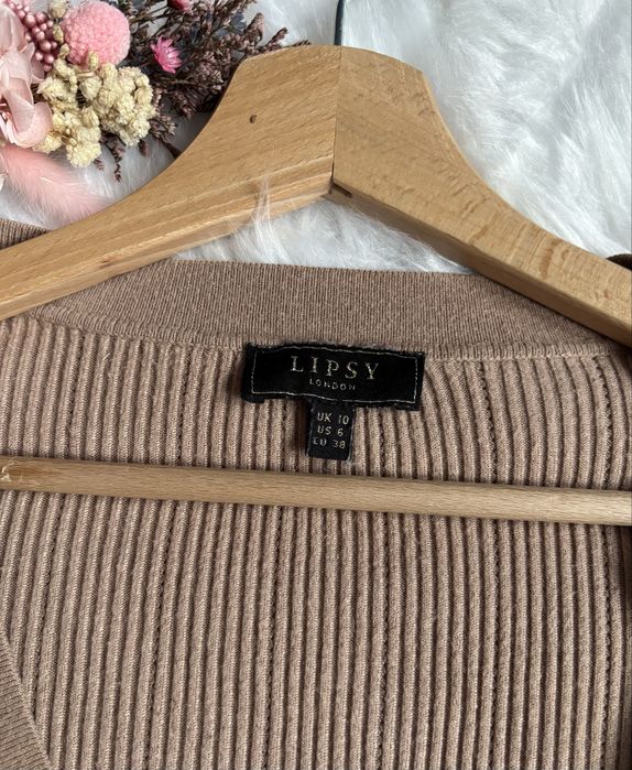 Sweter damski, prążkowany kardigan jasny brąz, wiskoza, poliamid 38, M