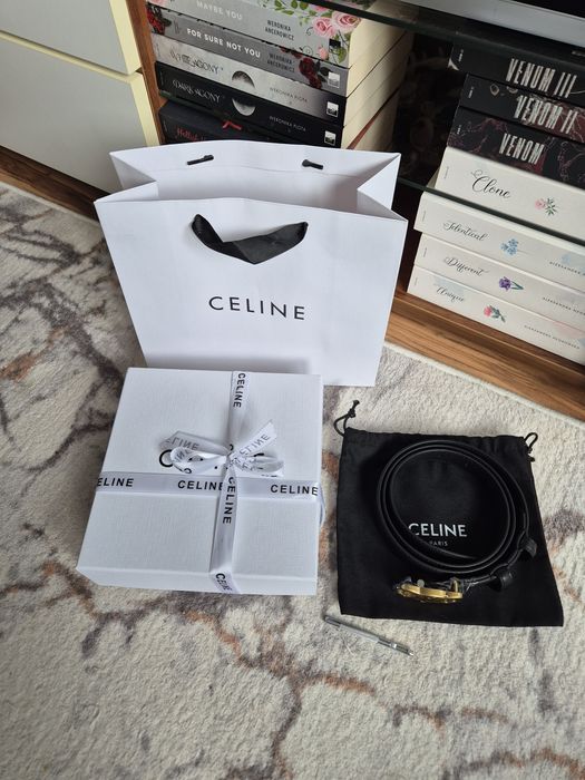Celine piękny damski czarny pasek 90 cm złota klamra