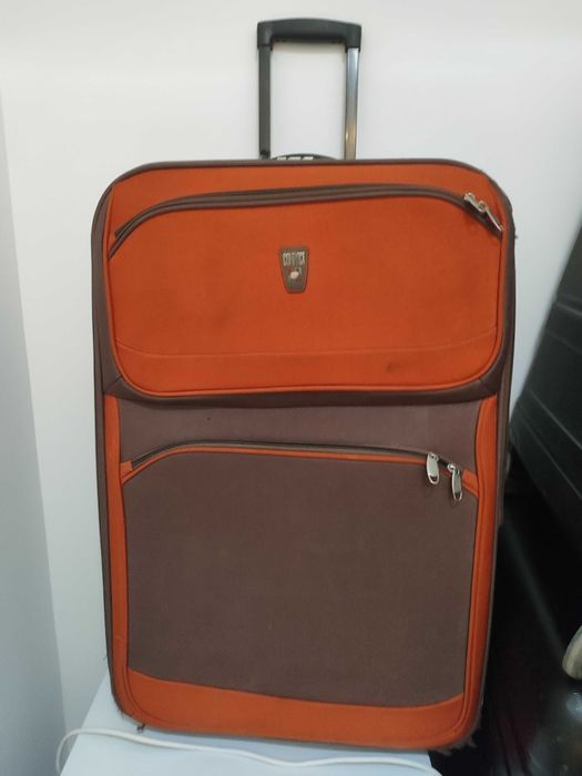 Mala de viagem grande, tecido, laranja e castanho