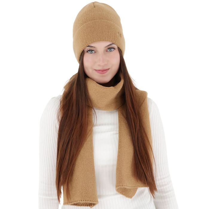 Czapka i szalik damski, zimowy komplet, camel, Rava