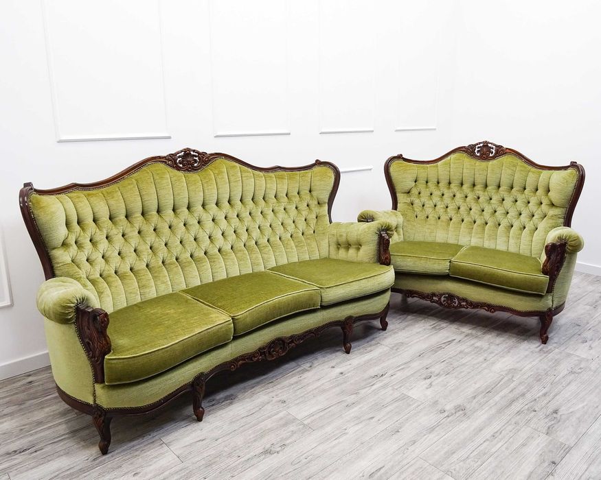 Meble do SALONU Komplet Ludwik PIKOWANA Kanapa SOFA buk PLUSZ oliwkowy