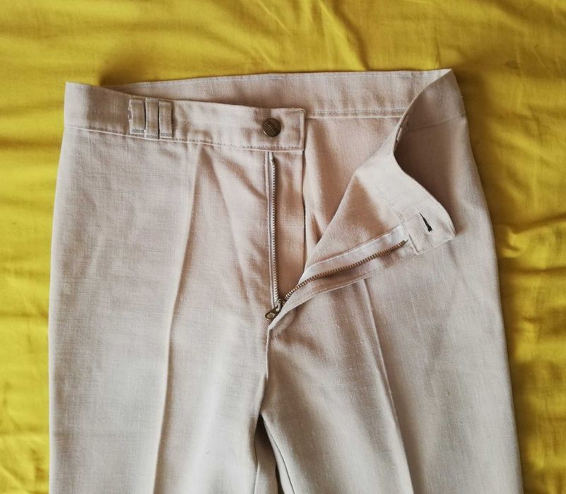 spodnie lniane proste beż w kantkę na wysoką Marshal pas 70cm
