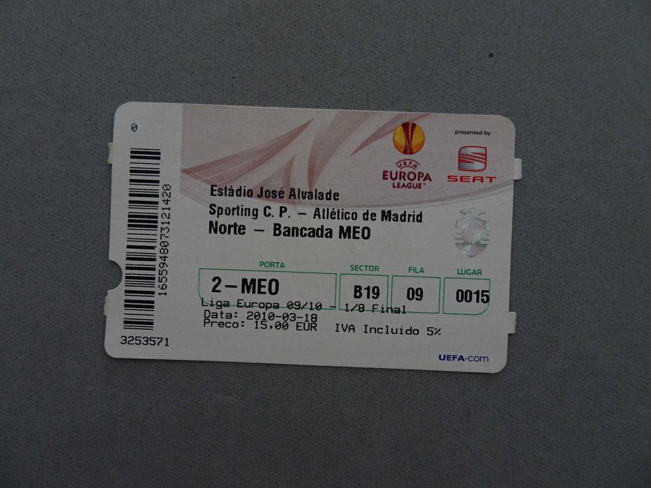 Bilhete de futebol Sporting Atlético de Madrid Liga Europa 2009/2010