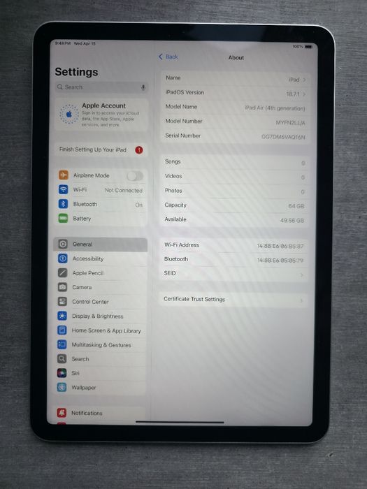 iPad air 4.64GB. Silver. Без обмежень. No Touch ID Гарантія
