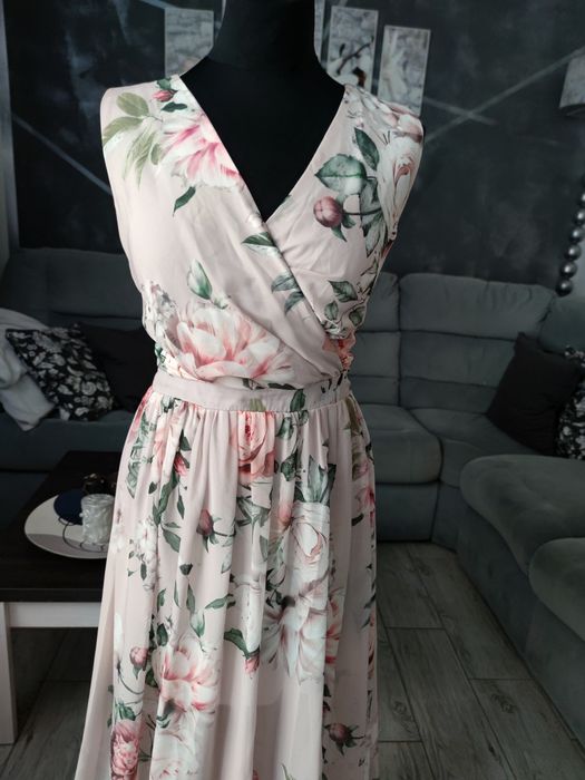 Długa maxi suknia sukienka wizytowa elegancka w kwiaty 40 l śliczna
