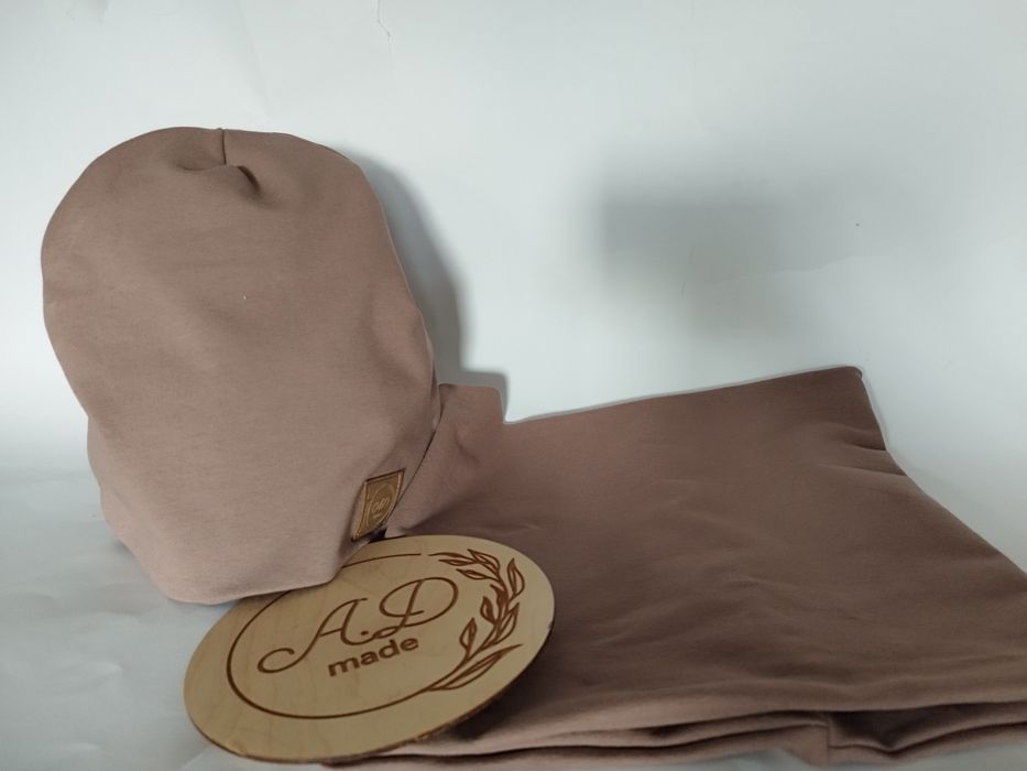 Komplet zestaw czapka komin bawełniany damski męski kakao brąz