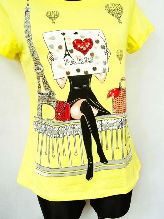 T-shirt Miss Kiss S/M żółty z napisem Paris i ozdobami