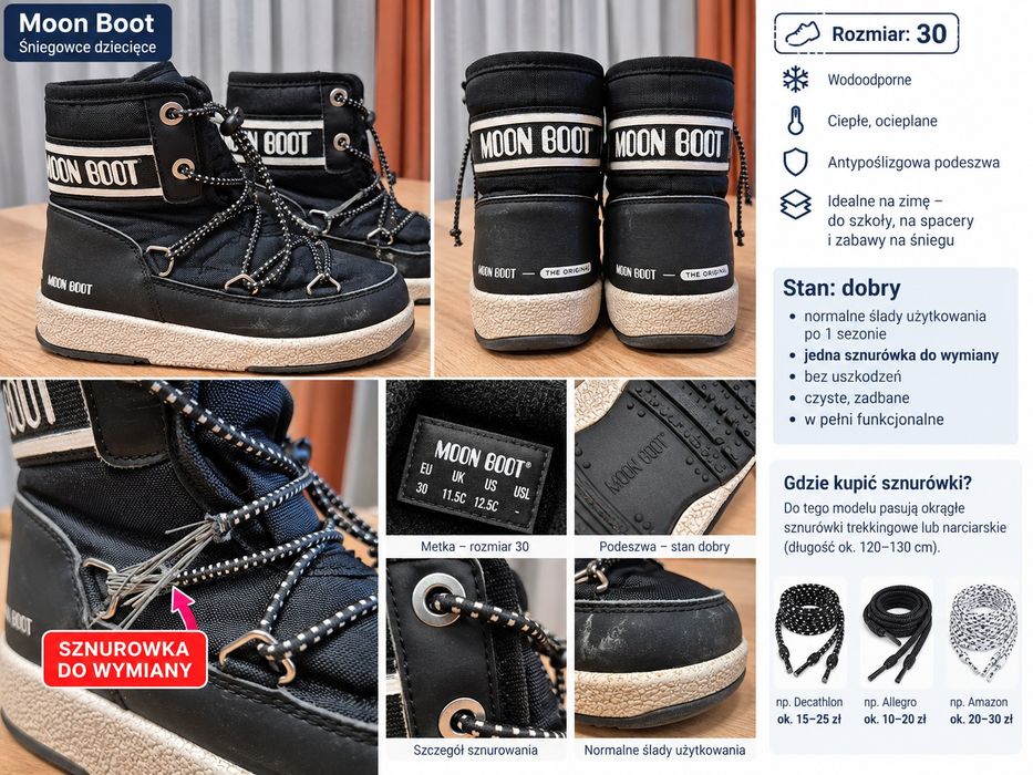 Moon Boot – śniegowce dziecięce, rozmiar 30, czarne, ocieplane
