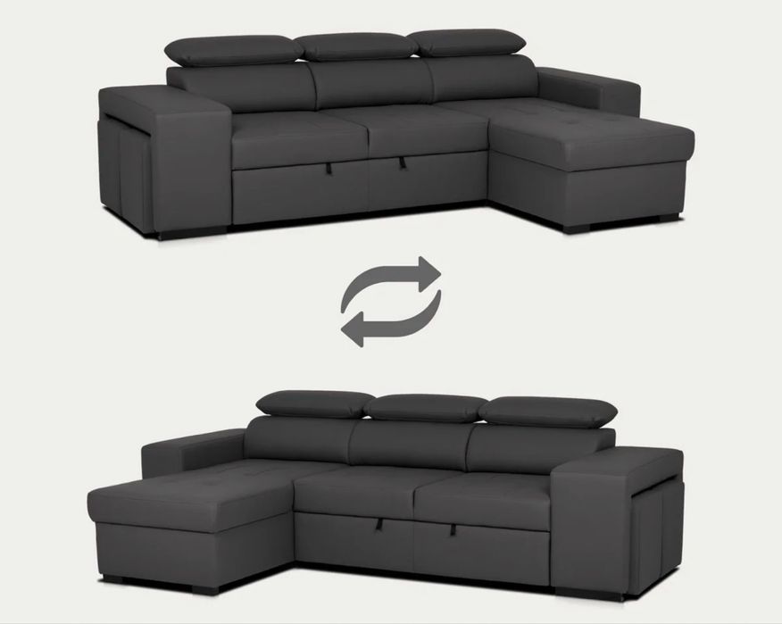 Sofá cama 4 lugares com chaise longue reversível, cabeceiras ajustáveis e 2 pufes