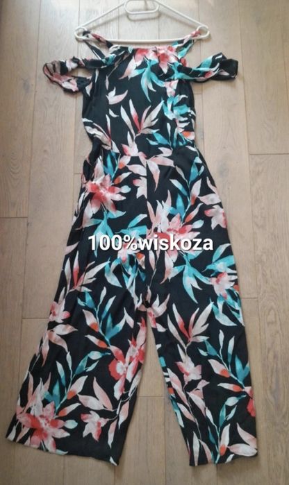 Kwiatowy czarny długi letni kombinezon z wiskozy 36 S na next lato f&f zara h&m reserved