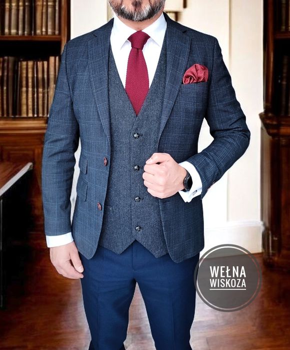 Gibson London S Granatowa stylowa wełniana marynarka slim w kratkę