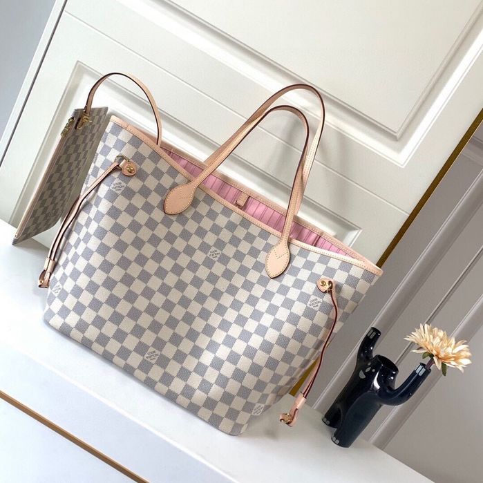 Shopper torebka Louis Vuitton Neverfull MM biała kratka różowy środek