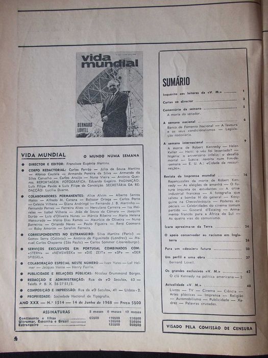 Revista Vida Mundial n.º 1514 de 14/06/68 Lovell