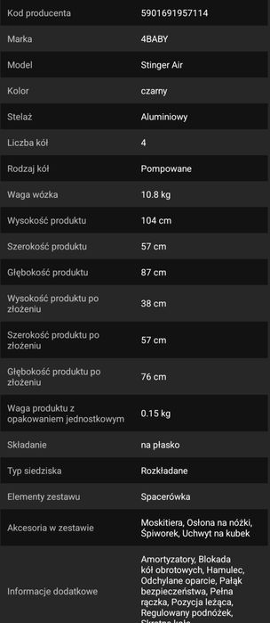 Wózek spacerowy idealny na zimę! 4baby Stinger Air do 22kg koła pompow