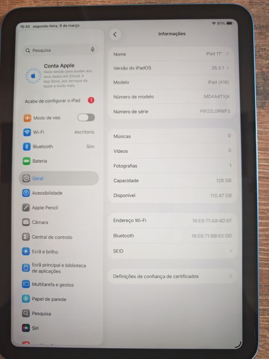 iPad 11" 128GB Azul Wifi, VENDIDO C/Garantia Aceito Retomas