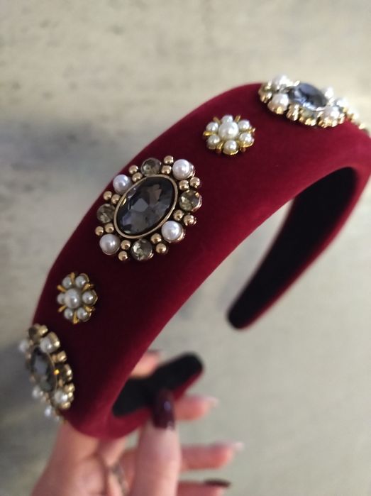 Czerwona borodowa burgund opaska do włosów bogato zdobiona święta sesj