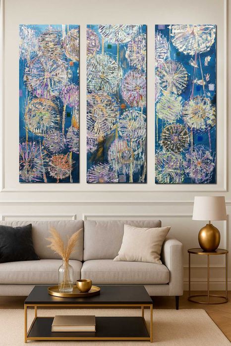 Картина олійні фарби "Одуванчики Індіго" триптих  під замовлення