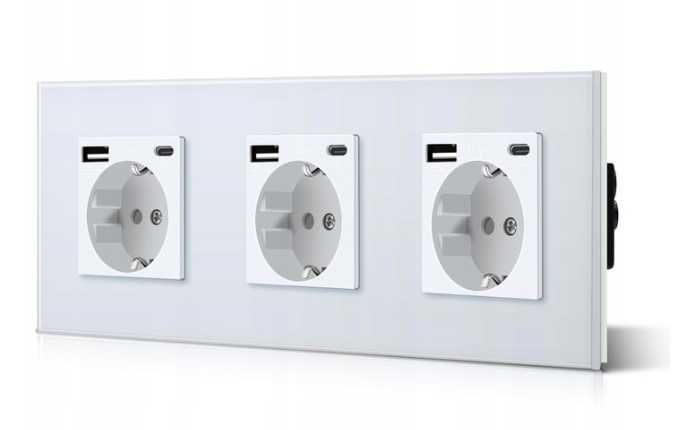 BSEED Potrójne Gniazdo Schuko USB Typ C Szklane 3w1 2.1A Białe