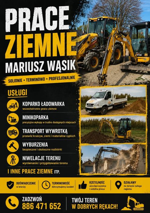 Usługi Koparkoładowarką, Minikoparką, Prace ziemne, Transport wywrotką
