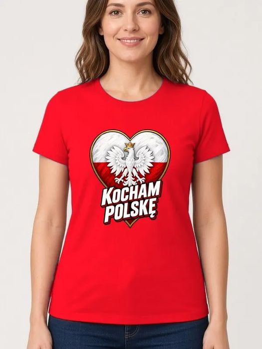 Koszulka damska czerwona kocham polskę patriotyczna z orłem prezent L