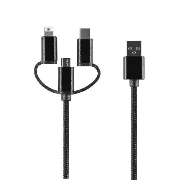 Setty kabel 3w1 USB - Lightning + USB-C + microUSB 1,0 m 2A czarny nyl