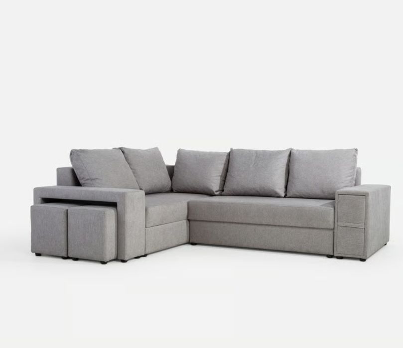 MADRYT Narożnik z pufami i barkiem, szary, prawy