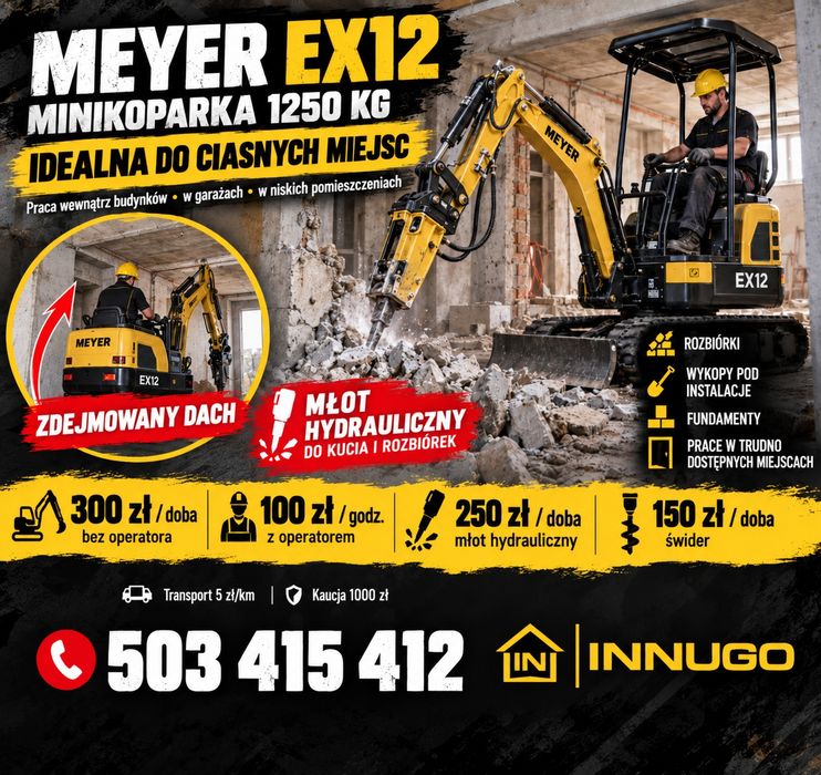Minikoparka do ciasnych miejsc i wnętrz | młot | wynajem 300 zł