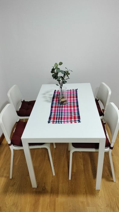 Conjunto mesa, 4 cadeiras e almofadas de assento