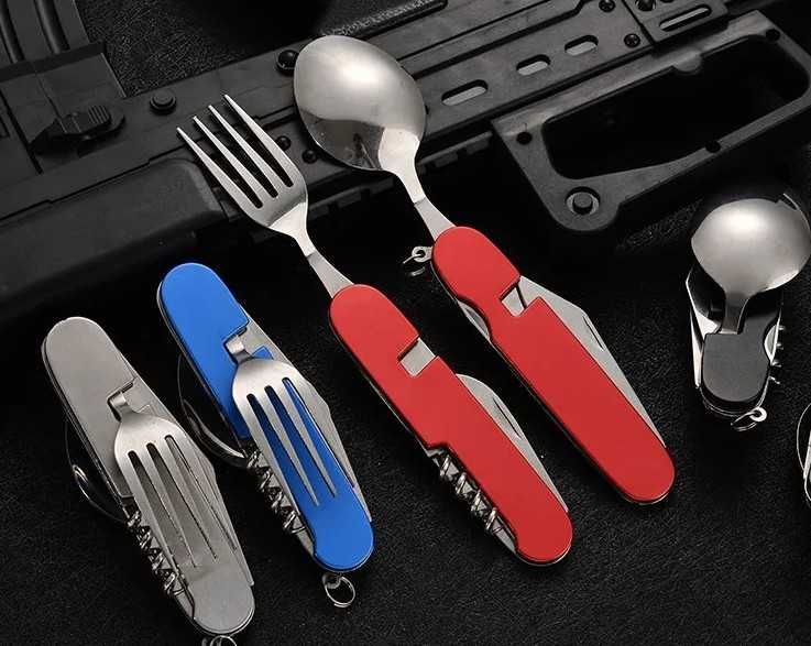 Kit Bolso Dobrável colher, garfo, faça, saca-rolhas 4 em 1
