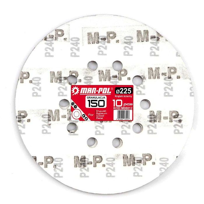 10 x 10szt PAPIER ŚCIERNY KRĄŻEK Do Żyrafy 225mm P150 Ścian Sufitów Na