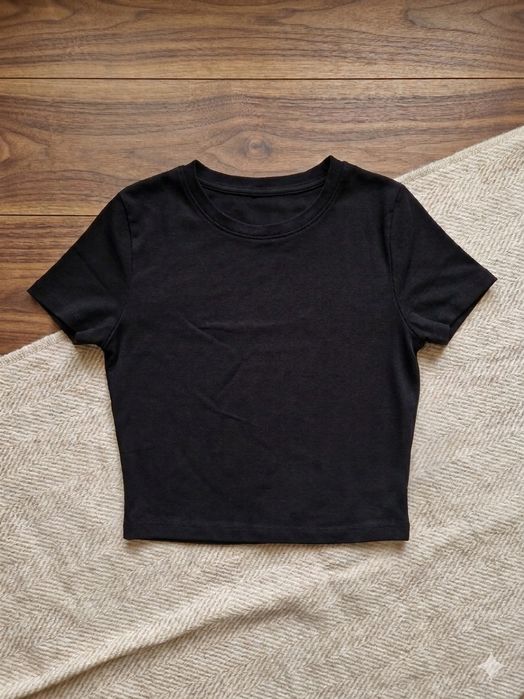 Bluzka koszulka t-shirt top czarny krotki bawełna XS