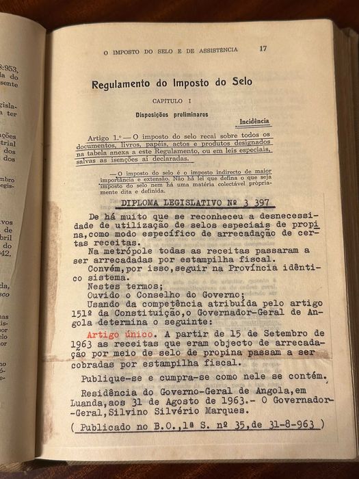 O IMPOSTO DO SELO E DE ASSISTÊNCIA - ANGOLA 1951 -Regulamento e Tabela